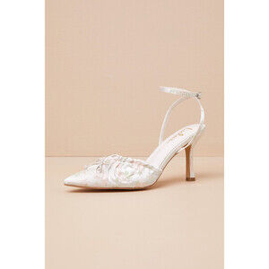 Lulus Issoria Gold Mix Floral Satin Bow Ankle Strap Pumps Other - Size 8